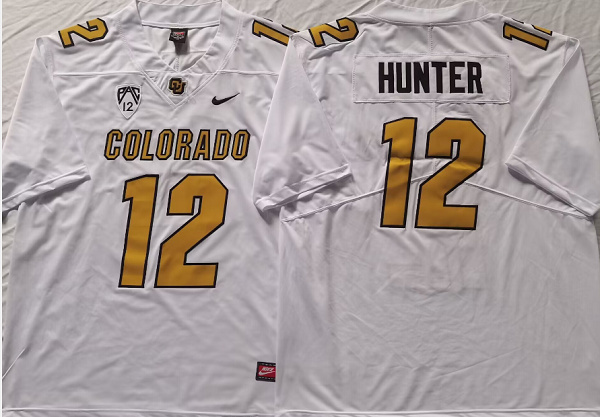 Men's Colorado Buffaloes #12 Travis Hunter White With PAC-12 Patch Stitched Football Jersey Men's Colorado Buffaloes #12 Travis Hunter White With PAC-12 Patch Stitched Football Jersey