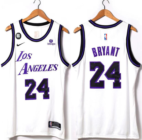 Men's Los Angeles Lakers #24 Kobe Bryant 2022/23 White With NO.6 Patch Stitched Basketball Jersey Men's Los Angeles Lakers #24 Kobe Bryant 2022/23 White With NO.6 Patch Stitched Basketball Jersey