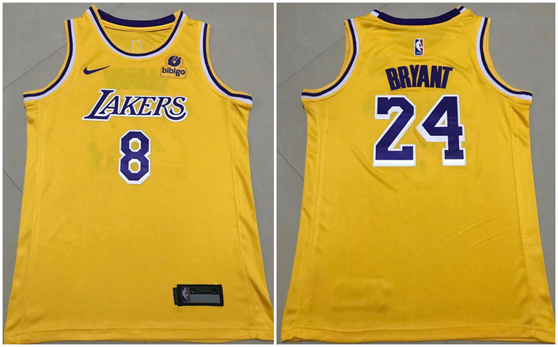 Men's Los Angeles Lakers Front #8 Back #24 Kobe Bryant "bibigo" Yellow Stitched Basketball Jersey Men's Los Angeles Lakers Front #8 Back #24 Kobe Bryant "bibigo" Yellow Stitched Basketball Jersey