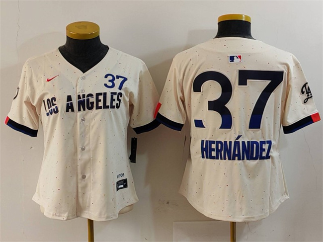 Women's Los Angeles Dodgers #37 Teoscar Hernández Cream 2024 City Connect Limited Stitched Jersey(Run Small) Women's Los Angeles Dodgers #37 Teoscar Hernández Cream 2024 City Connect Limited Stitched Jersey(Run Small)