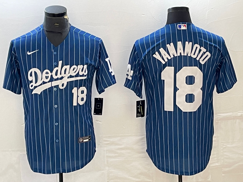 Men's Los Angeles Dodgers #18 Yoshinobu Yamamoto Blue Stripe 2023 Cool Base Stitched Baseball Jersey Men's Los Angeles Dodgers #18 Yoshinobu Yamamoto Blue Stripe 2023 Cool Base Stitched Baseball Jersey