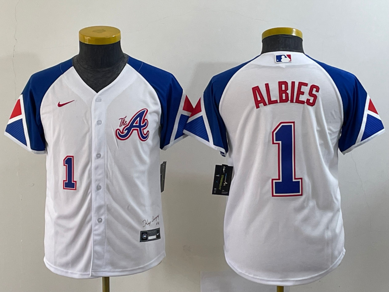 Women's Atlanta Braves #1 Ozzie Albies White 2023 City Connect With Patch Stitched Baseball Jersey(Run Small) Women's Atlanta Braves #1 Ozzie Albies White 2023 City Connect With Patch Stitched Baseball Jersey(Run Small)