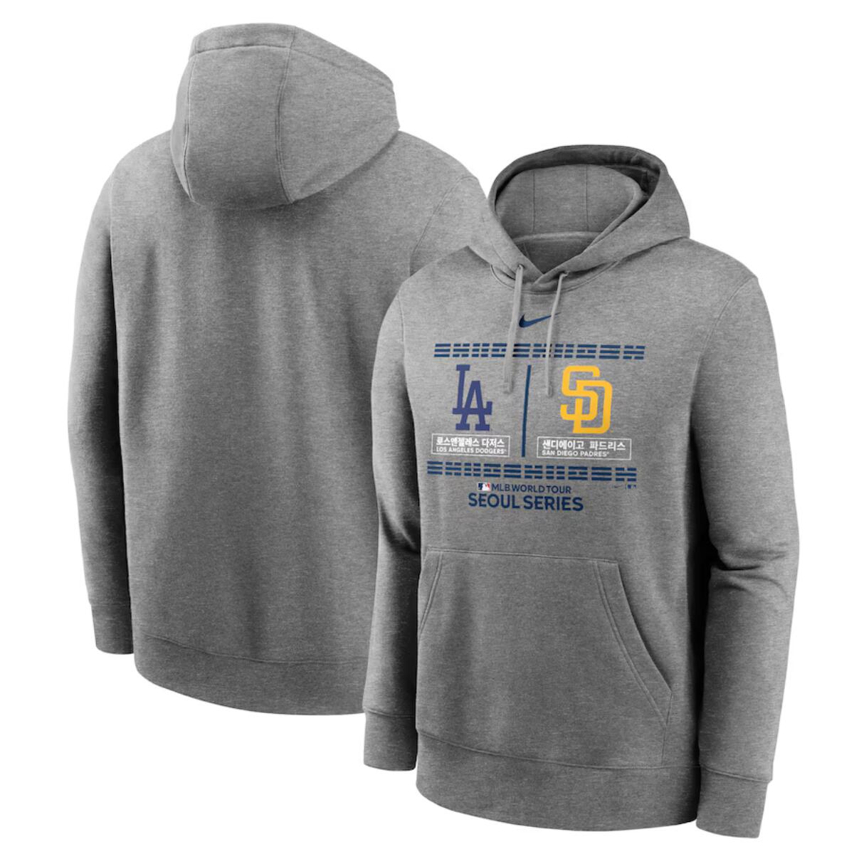 Men's Los Angeles Dodgers vs. San Diego Padres 2024 World Tour Seoul Series Nike Heather Gray Club Pullover Hoodie Men's Los Angeles Dodgers vs. San Diego Padres 2024 World Tour Seoul Series Nike Heather Gray Club Pullover Hoodie