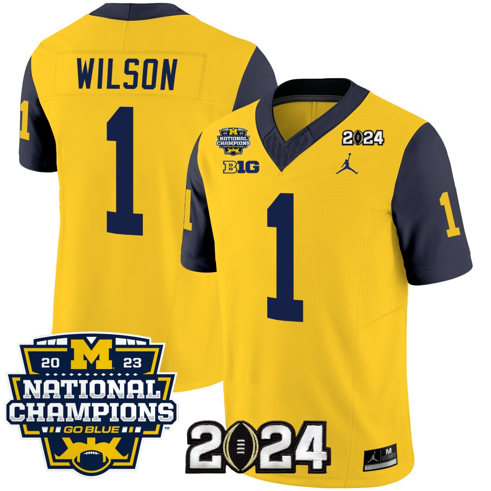 Men's Michigan Wolverines #1 Roman Wilson Yellow/Navy 2024 F.U.S.E. With 2023 National Champions Patch Stitched Jersey Men's Michigan Wolverines #1 Roman Wilson Yellow/Navy 2024 F.U.S.E. With 2023 National Champions Patch Stitched Jersey