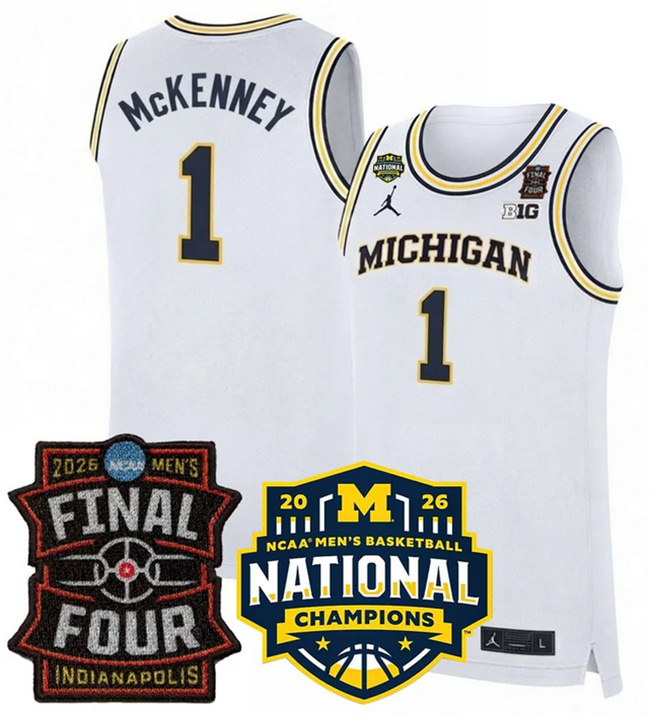 Men's Michigan Wolverines #1 Trey McKenney White 2025/26 Final Four & National Champions Patch Stitched Basketball Jersey