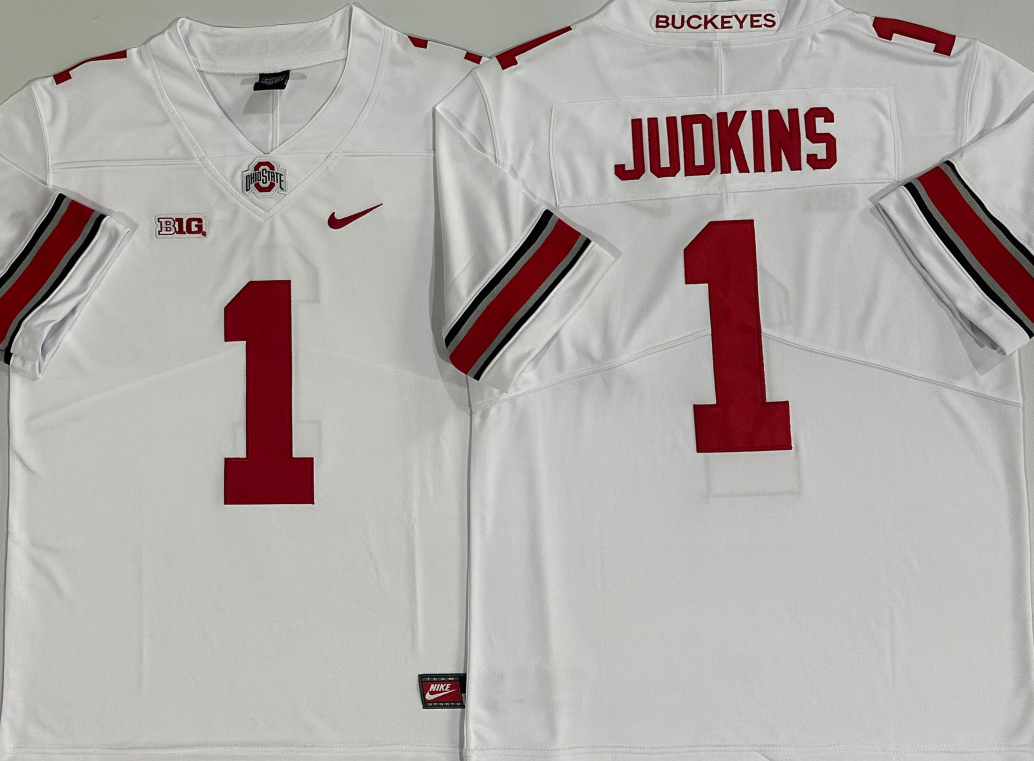 Men's Ohio State Buckeyes #1 Quinshon Judkins White Limited Stitched Jersey Men's Ohio State Buckeyes #1 Quinshon Judkins White Limited Stitched Jersey