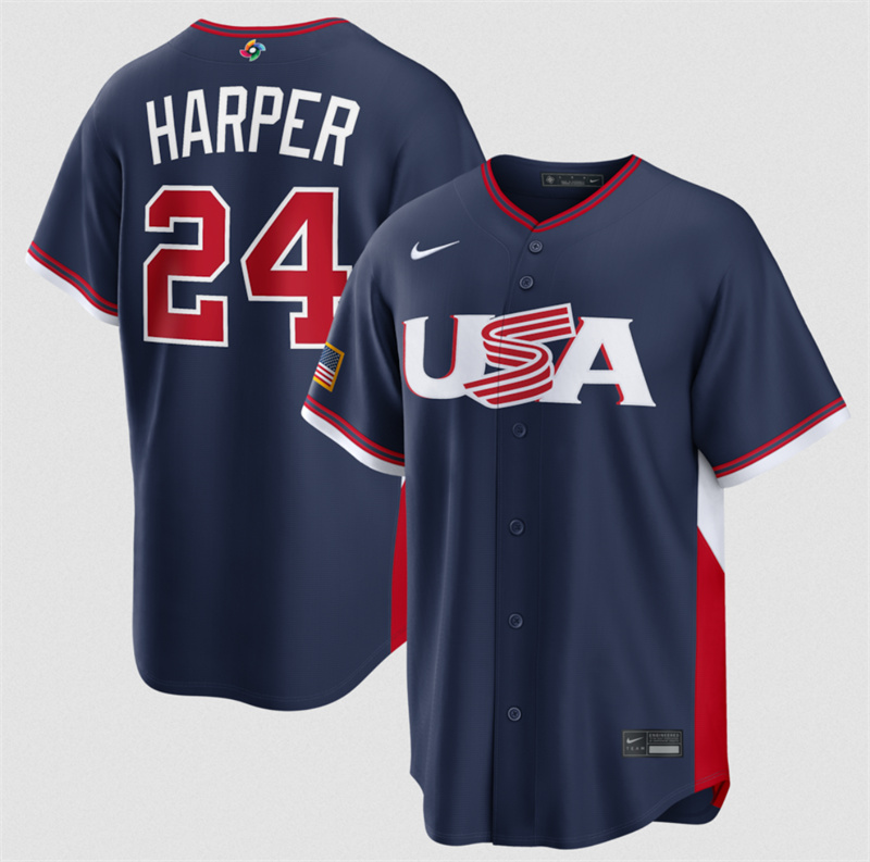 Youth USA Baseball #24 Bryce Harper Navy 2026 World Baseball Classic Road Stadium Stitched Jersey