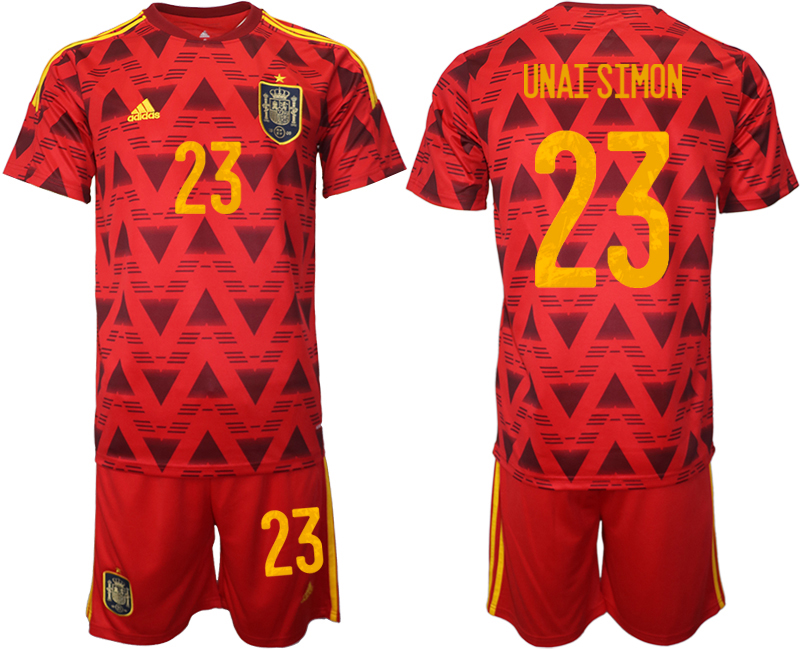 Men's Spain #23 Unai Simón Red Home Soccer Jersey Suit