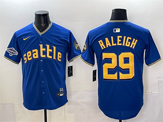 Men's Seattle Mariners #29 Cal Raleigh Royal With 2025 AL West Division Champions Patch City Connect Limited Stitched Baseball Jersey Men's Seattle Mariners #29 Cal Raleigh Royal With 2025 AL West Division Champions Patch City Connect Limited Stitched Baseball Jersey