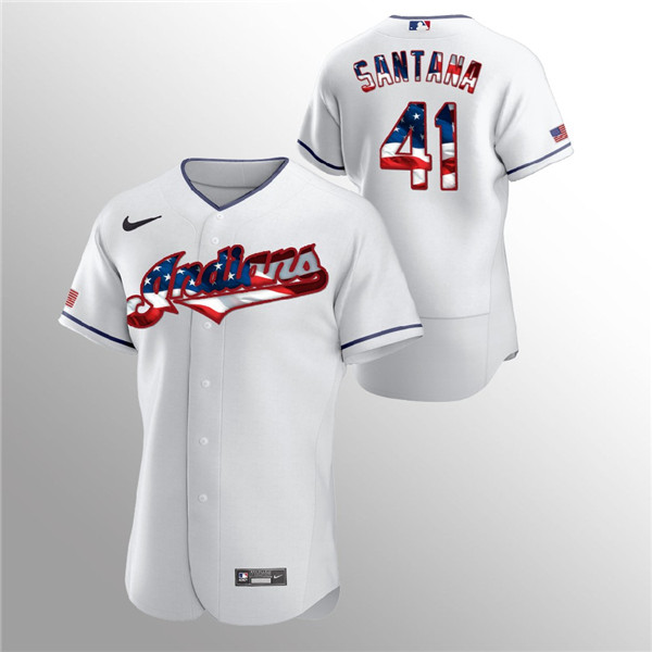 Men's Cleveland Indians #41 Carlos Santana White 2020 Stars & Stripes Flex Base Stitched Jersey Men's Cleveland Indians #41 Carlos Santana White 2020 Stars & Stripes Flex Base Stitched Jersey