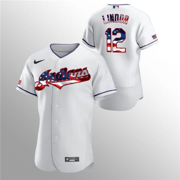 Men's Cleveland Indians #12 Francisco Lindor White 2020 Stars & Stripes Flex Base Stitched Jersey Men's Cleveland Indians #12 Francisco Lindor White 2020 Stars & Stripes Flex Base Stitched Jersey