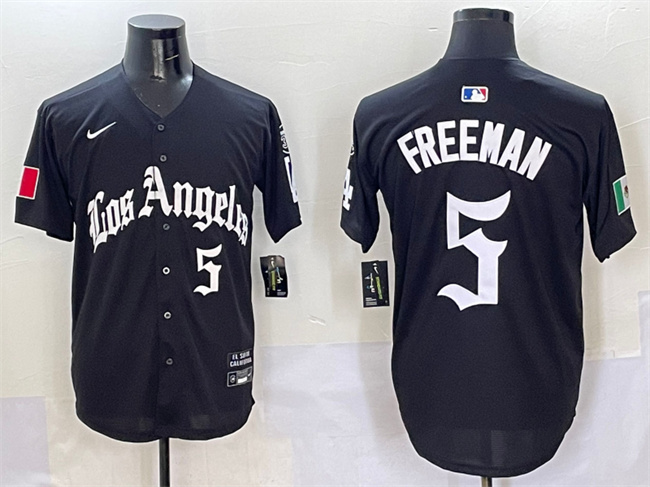 Men's Los Angeles Dodgers #5 Freddie Freeman Black Mexico 2025 LA Gothic Style With Fernando Patch Vapor Premier Limited Stitched Baseball Jersey Men's Los Angeles Dodgers #5 Freddie Freeman Black Mexico 2025 LA Gothic Style With Fernando Patch Vapor Premier Limited Stitched Baseball Jersey