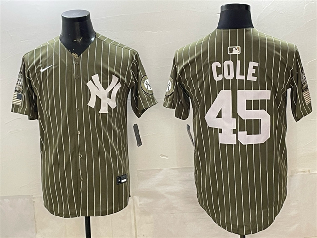 Men's New York Yankees #45 Gerrit Cole Olive 2026 Armed Forces Day Salute To Service Stitched Baseball Jersey Men's New York Yankees #45 Gerrit Cole Olive 2026 Armed Forces Day Salute To Service Stitched Baseball Jersey