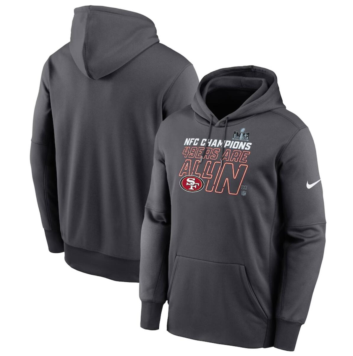 Men's San Francisco 49ers Anthracite 2023 NFC Champions Locker Room Trophy Collection Pullover Hoodie Men's San Francisco 49ers Anthracite 2023 NFC Champions Locker Room Trophy Collection Pullover Hoodie