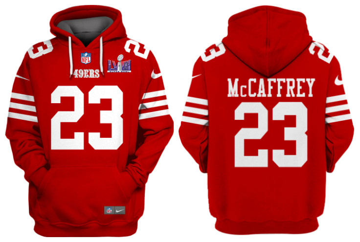 Men's San Francisco 49ers #23 Christian McCaffrey Red Super Bowl LVIII Alternate Pullover Hoodie Men's San Francisco 49ers #23 Christian McCaffrey Red Super Bowl LVIII Alternate Pullover Hoodie