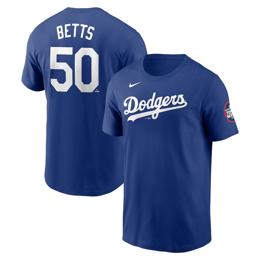 Men's Los Angeles Dodgers #50 Mookie Betts Royal 2025 Tokyo Series Name & Number T-Shirt Men's Los Angeles Dodgers #50 Mookie Betts Royal 2025 Tokyo Series Name & Number T-Shirt