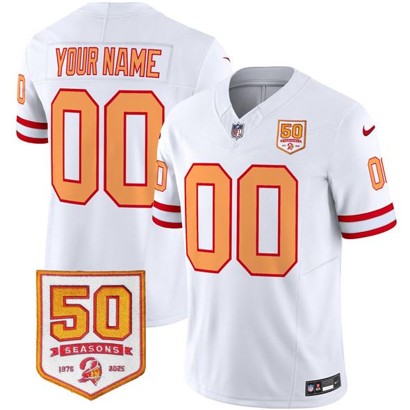Youth Tampa Bay Buccaneers Active Player Custom White 2025 F.U.S.E. 50th Season Patch Throwback Vapor Untouchable Limited Stitched Football Jersey