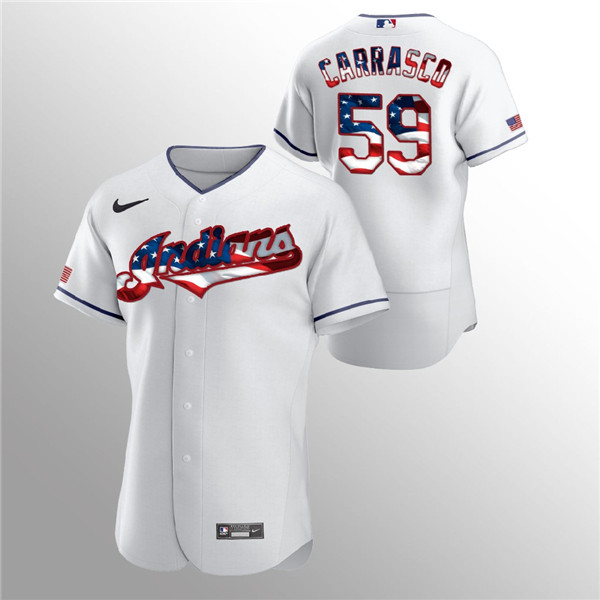 Men's Cleveland Indians #59 Carlos Carrasco White 2020 Stars & Stripes Flex Base Stitched Jersey Men's Cleveland Indians #59 Carlos Carrasco White 2020 Stars & Stripes Flex Base Stitched Jersey