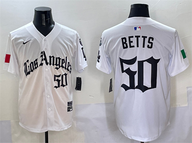 Men's Los Angeles Dodgers #50 Mookie Betts White Mexico 2025 LA Gothic Style With Fernando Patch Vapor Premier Limited Stitched Baseball Jersey Men's Los Angeles Dodgers #50 Mookie Betts White Mexico 2025 LA Gothic Style With Fernando Patch Vapor Premier Limited Stitched Baseball Jersey