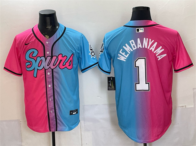 Men's San Antonio Spurs #1 Victor Wembanyama Pink/Blue Limited Stitched Baseball Jersey