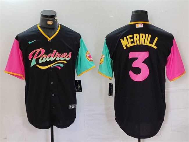 Men's San Diego Padres #3 Jackson Merrill Black City Connect Cool Base Stitched Baseball Jersey Men's San Diego Padres #3 Jackson Merrill Black City Connect Cool Base Stitched Baseball Jersey