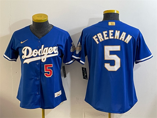 Women's Los Angeles Dodgers #5 Freddie Freeman Royal 2026 Alternate Gold Collection Stadium Stitched Baseball Jersey(Run Small) Women's Los Angeles Dodgers #5 Freddie Freeman Royal 2026 Alternate Gold Collection Stadium Stitched Baseball Jersey(Run Small)