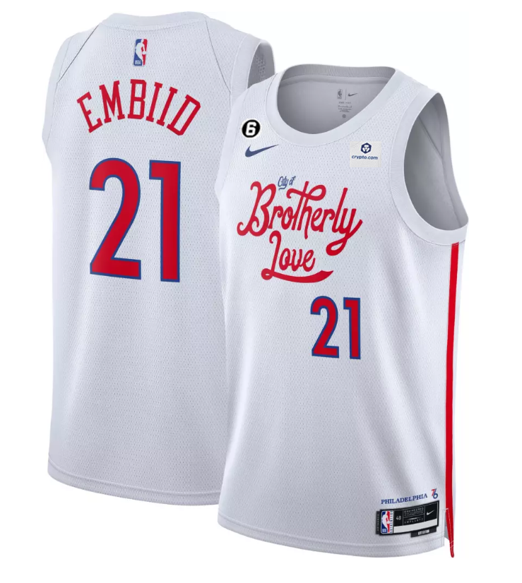 Men's Philadelphia 76ers #21 Joel Embiid White 2022/23 City Edition Stitched Basketball Jersey Men's Philadelphia 76ers #21 Joel Embiid White 2022/23 City Edition Stitched Basketball Jersey