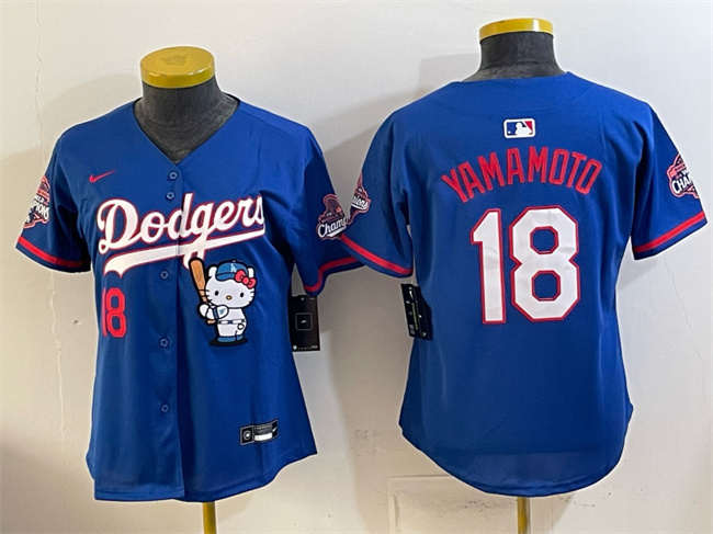 Women's Los Angeles Dodgers #18 Yoshinobu Yamamoto Royal Hello Kitty Night 2025 World Series Champions Patch Stitched Baseball Jersey(Run Small) Women's Los Angeles Dodgers #18 Yoshinobu Yamamoto Royal Hello Kitty Night 2025 World Series Champions Patch Stitched Baseball Jersey(Run Small)