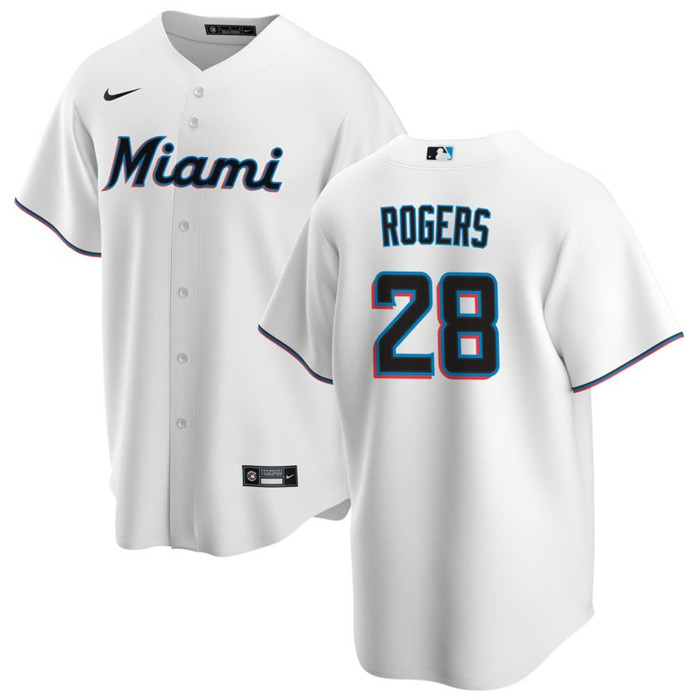 Men's Miami Marlins #28 Trevor Rogers White Cool Base Stitched Baseball Jersey Men's Miami Marlins #28 Trevor Rogers White Cool Base Stitched Baseball Jersey