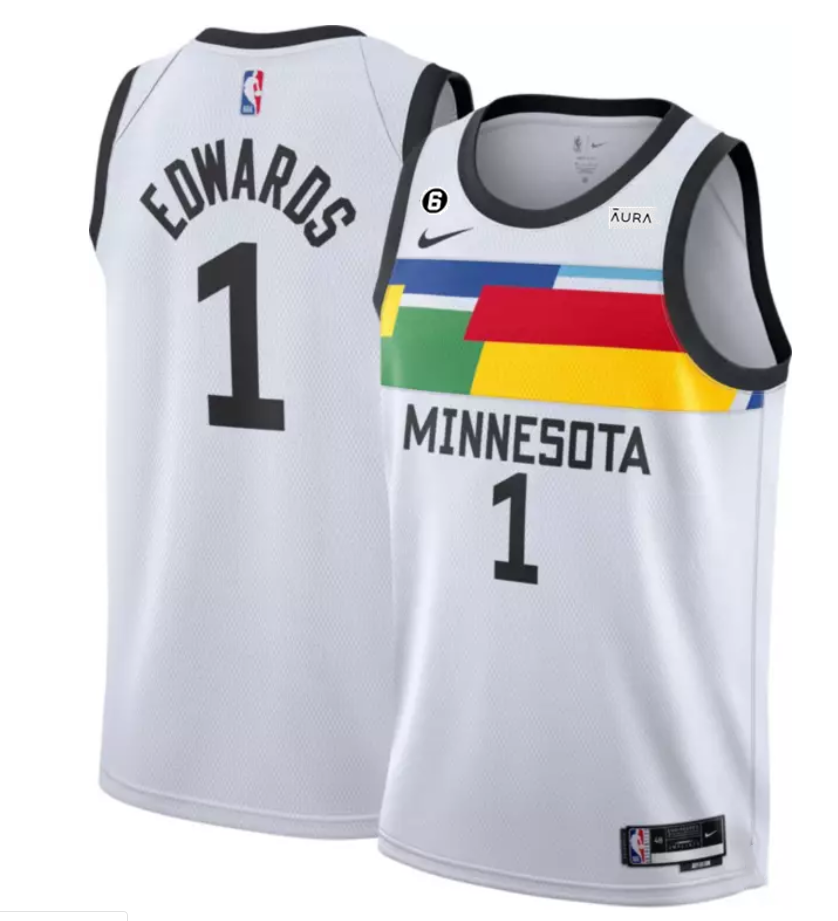 Men's Minnesota Timberwolves #1 Anthony Edwards White 2022/23 City Edition With NO.6 Patch Stitched Jersey Men's Minnesota Timberwolves #1 Anthony Edwards White 2022/23 City Edition With NO.6 Patch Stitched Jersey