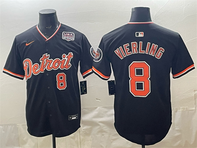 Men's Detroit Tigers #8 Matt Vierling Black 2026 Alternate USA 250' Patch Vapor Premier Limited Stitched Baseball Jersey Men's Detroit Tigers #8 Matt Vierling Black 2026 Alternate USA 250' Patch Vapor Premier Limited Stitched Baseball Jersey