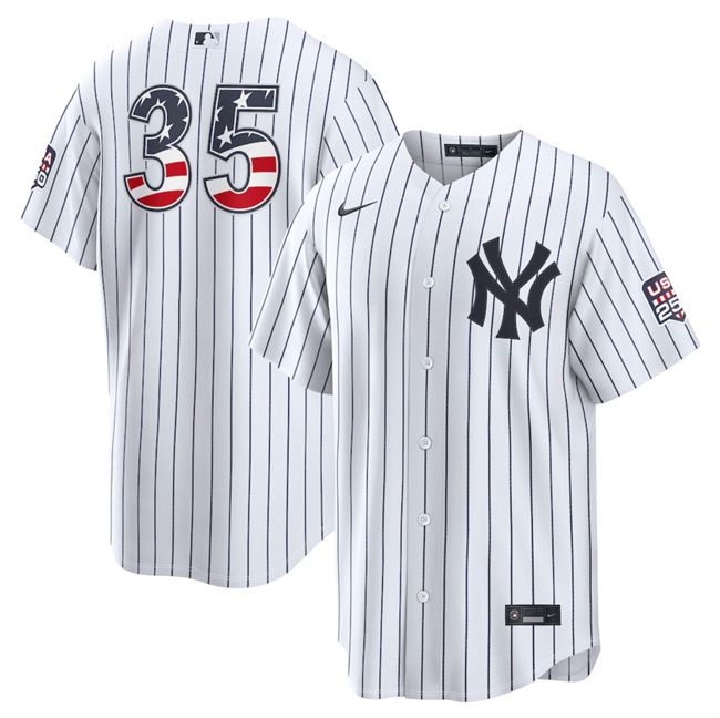 Men's New York Yankees #35 Cody Bellinger White 2026 USA 250 Fourth of July Home Stadium Stitched Baseball Jersey Men's New York Yankees #35 Cody Bellinger White 2026 USA 250 Fourth of July Home Stadium Stitched Baseball Jersey