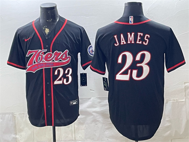 Men's Philadelphia 76ers #23 LeBron James Black Cool Base Stitched Baseball Jersey