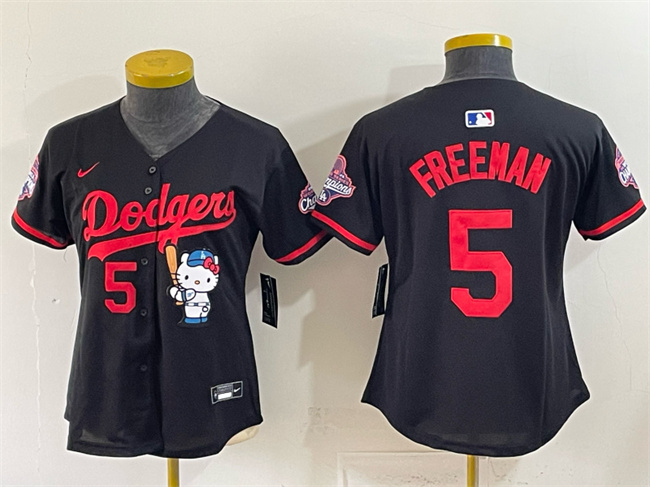 Youth Los Angeles Dodgers #5 Freddie Freeman Black Hello Kitty Night 2025 World Series Champions Patch Stitched Baseball Jersey