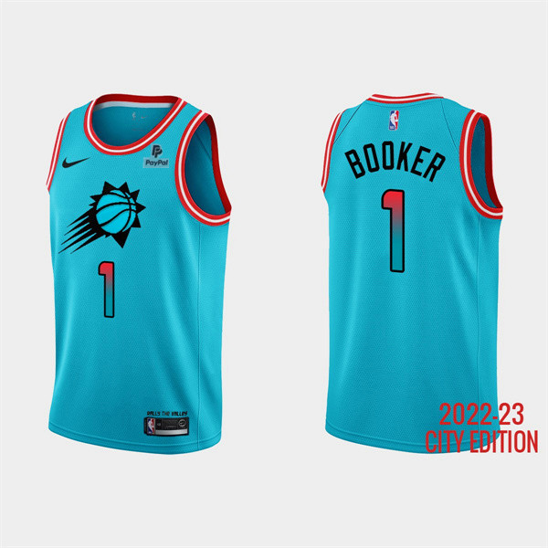 Men's Phoenix Suns #1 Devin Booker Blue 2022/23 City Edition With Black payple Logo Stitched Basketball Jersey Men's Phoenix Suns #1 Devin Booker Blue 2022/23 City Edition With Black payple Logo Stitched Basketball Jersey