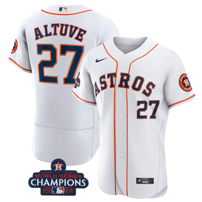 Men's Houston Astros #27 Jose Altuve White 2022 World Series Champions Flex Base Stitched Baseball Jersey Men's Houston Astros #27 Jose Altuve White 2022 World Series Champions Flex Base Stitched Baseball Jersey