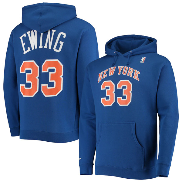 Men's New York Knicks #33 Patrick Ewing 2021 Blue Pullover Hoodie Men's New York Knicks #33 Patrick Ewing 2021 Blue Pullover Hoodie