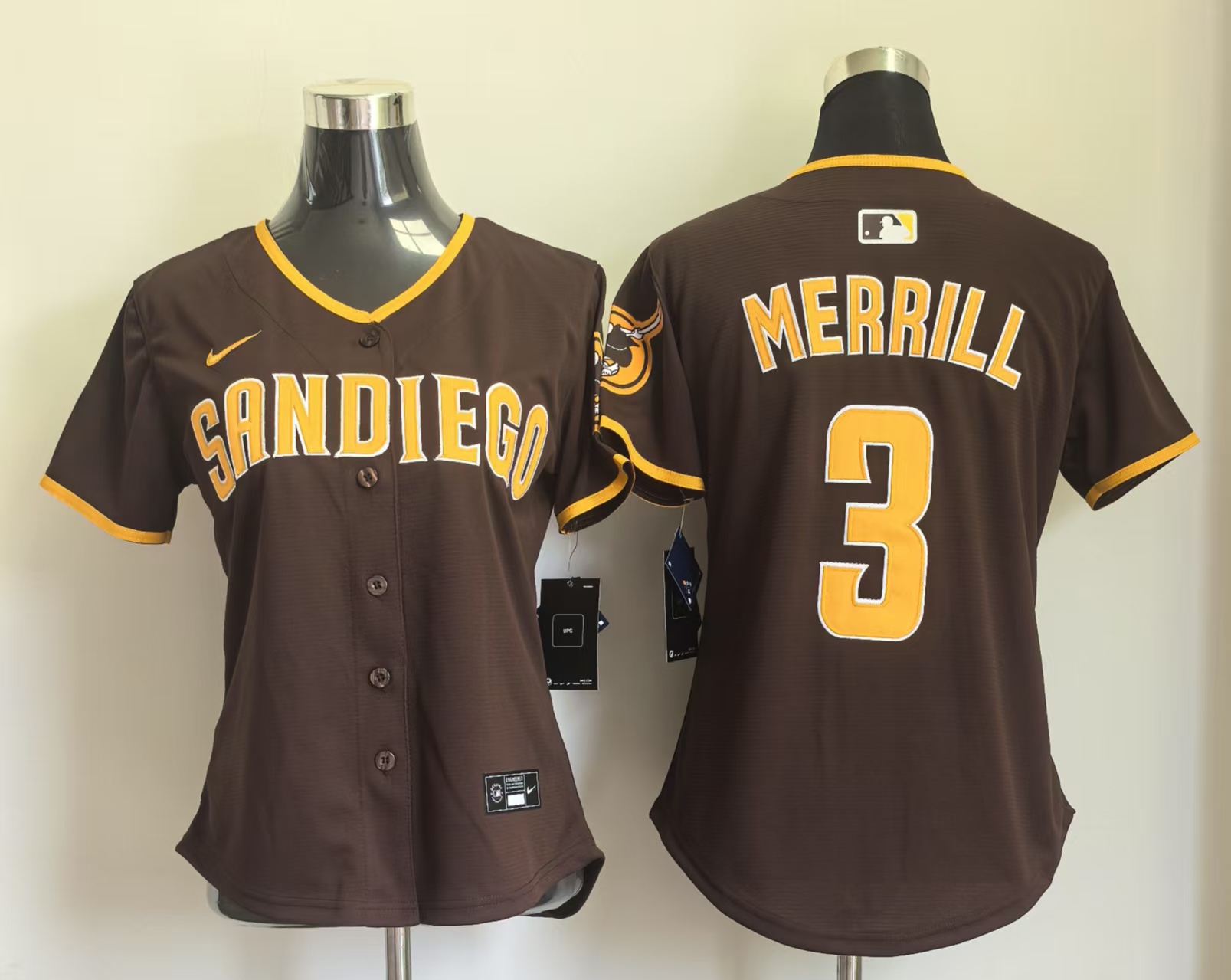 Women's San Diego Padres #3 Jackson Merrill Brown Away Stitched Baseball Jersey(Run Small)