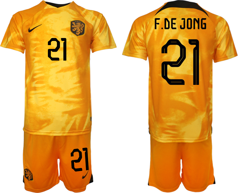 Men's Netherlands #21 F. De Jong Orange Home Soccer Jersey Suit Men's Netherlands #21 F. De Jong Orange Home Soccer Jersey Suit