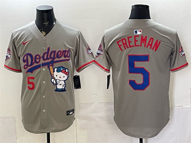 Men's Los Angeles Dodgers #5 Freddie Freeman Grey Hello Kitty Night 2025 World Series Champions Patch Stitched Baseball Jersey Men's Los Angeles Dodgers #5 Freddie Freeman Grey Hello Kitty Night 2025 World Series Champions Patch Stitched Baseball Jersey