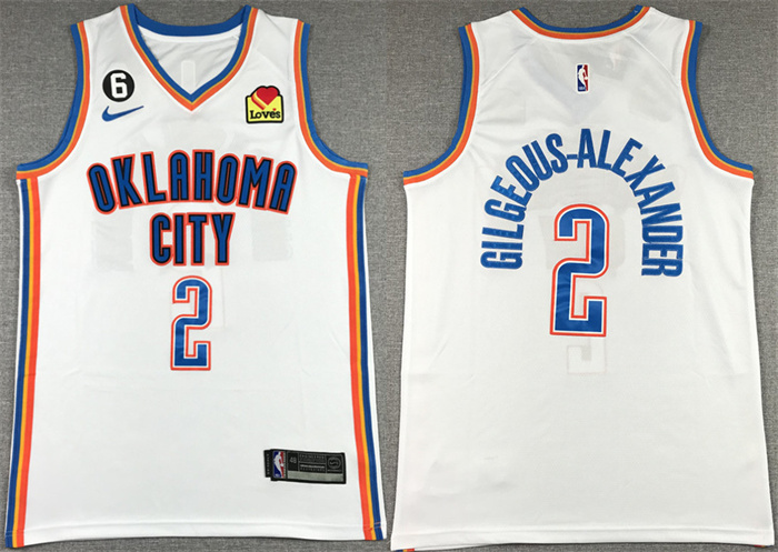 Men's Oklahoma City Thunder #2 Shai Gilgeous-Alexander White With NO.6 Patch Stitched Basketball Jersey Men's Oklahoma City Thunder #2 Shai Gilgeous-Alexander White With NO.6 Patch Stitched Basketball Jersey