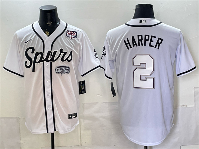 Men's San Antonio Spurs #2 Dylan Harper White USA 250' Patch Stitched Baseball Jersey Men's San Antonio Spurs #2 Dylan Harper White USA 250' Patch Stitched Baseball Jersey