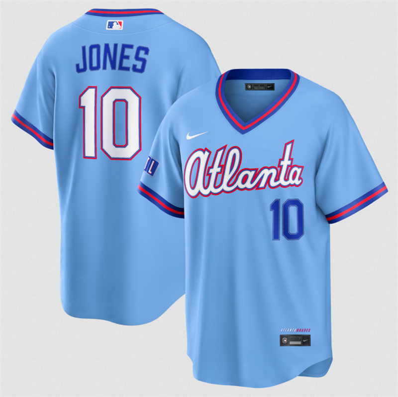 Men's Atlanta Braves #10 Chipper Jones Powder Blue 2026 City Connect Stadium Stitched Baseball Jersey Men's Atlanta Braves #10 Chipper Jones Powder Blue 2026 City Connect Stadium Stitched Baseball Jersey