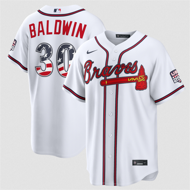 Men's Atlanta Braves #30 Drake Baldwin White USA 250 Fourth of July Home Stadium Stitched Baseball Jersey Men's Atlanta Braves #30 Drake Baldwin White USA 250 Fourth of July Home Stadium Stitched Baseball Jersey