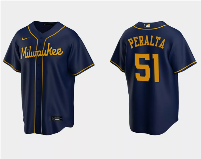 Men's Milwaukee Brewers #51 Freddy Peralta Navy Cool Base Stitched Jersey Men's Milwaukee Brewers #51 Freddy Peralta Navy Cool Base Stitched Jersey