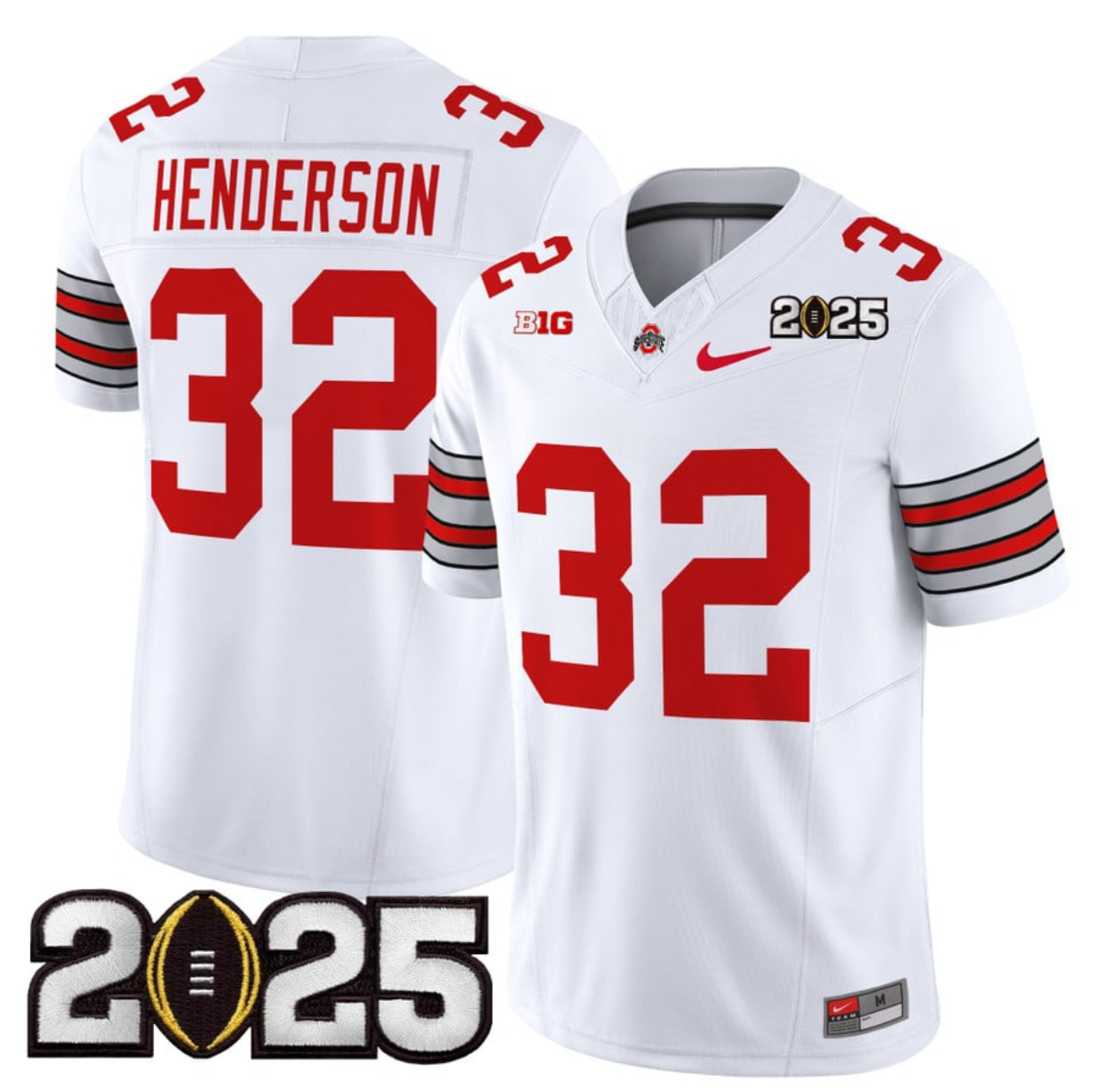 Men's Ohio State Buckeyes #32 TreVeyon Henderson White 2025 CFP Final Patch F.U.S.E. Vapor Limited Stitched Football Jersey Men's Ohio State Buckeyes #32 TreVeyon Henderson White 2025 CFP Final Patch F.U.S.E. Vapor Limited Stitched Football Jersey