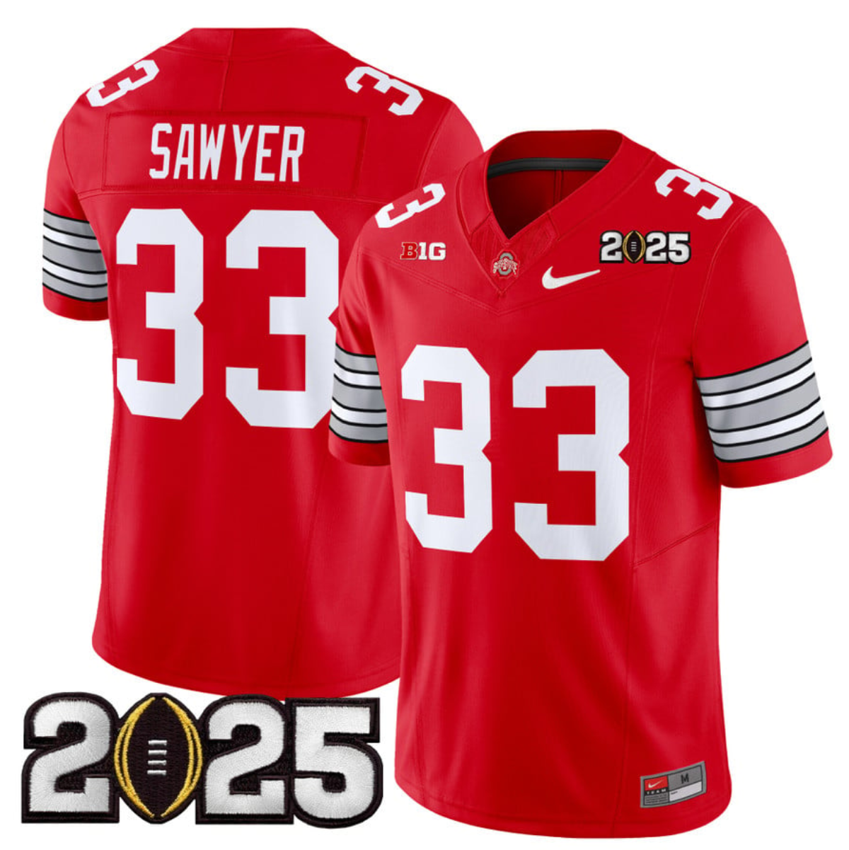 Men's Ohio State Buckeyes #33 Jack Sawyer Red 2025 CFP Final Patch F.U.S.E. Vapor Limited Stitched Football Jersey Men's Ohio State Buckeyes #33 Jack Sawyer Red 2025 CFP Final Patch F.U.S.E. Vapor Limited Stitched Football Jersey