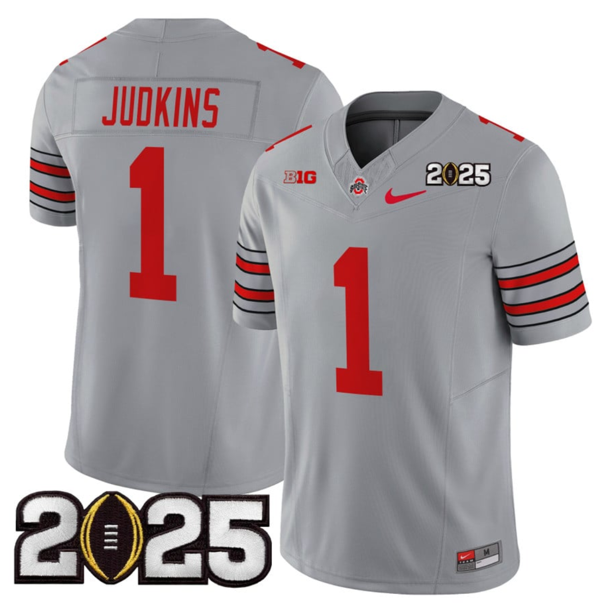 Men's Ohio State Buckeyes #1 Quinshon Judkins Grey 2025 CFP Final Patch F.U.S.E. Vapor Limited Stitched Football Jersey Men's Ohio State Buckeyes #1 Quinshon Judkins Grey 2025 CFP Final Patch F.U.S.E. Vapor Limited Stitched Football Jersey