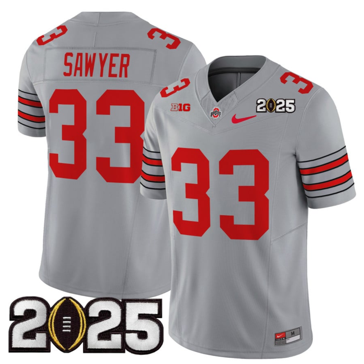 Men's Ohio State Buckeyes #33 Jack Sawyer Grey 2025 CFP Final Patch F.U.S.E. Vapor Limited Stitched Football Jersey Men's Ohio State Buckeyes #33 Jack Sawyer Grey 2025 CFP Final Patch F.U.S.E. Vapor Limited Stitched Football Jersey