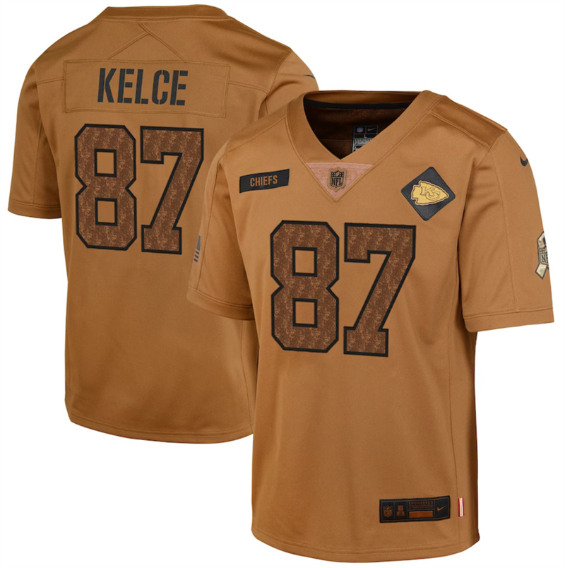 Youth Kansas City Chiefs #87 Travis Kelce 2023 Brown Salute To Service Limited Stitched Football Jersey Youth Kansas City Chiefs #87 Travis Kelce 2023 Brown Salute To Service Limited Stitched Football Jersey